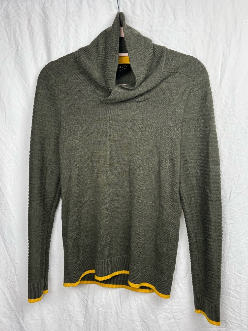 Armani Exchange women’s small Olive Green Cowl Neck wool bl sweater Yellow Trim